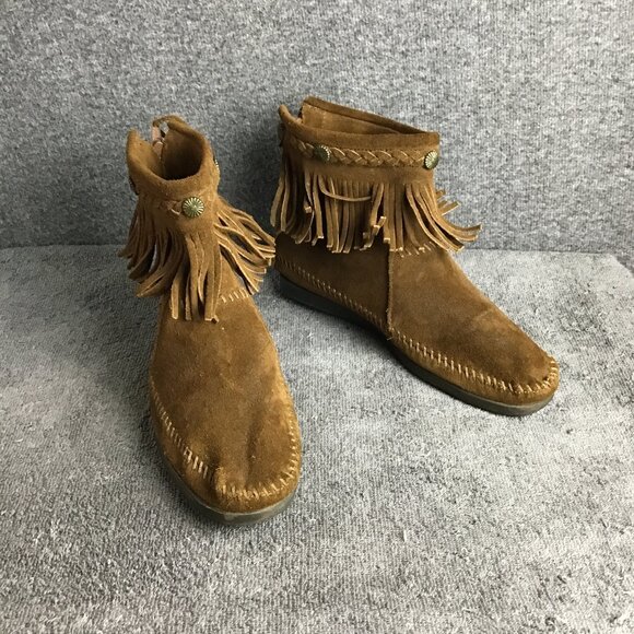 Minnetonka Suede Moccasins Sz 7 Brown Fringe Ankle Back Zip - Picture 1 of 8